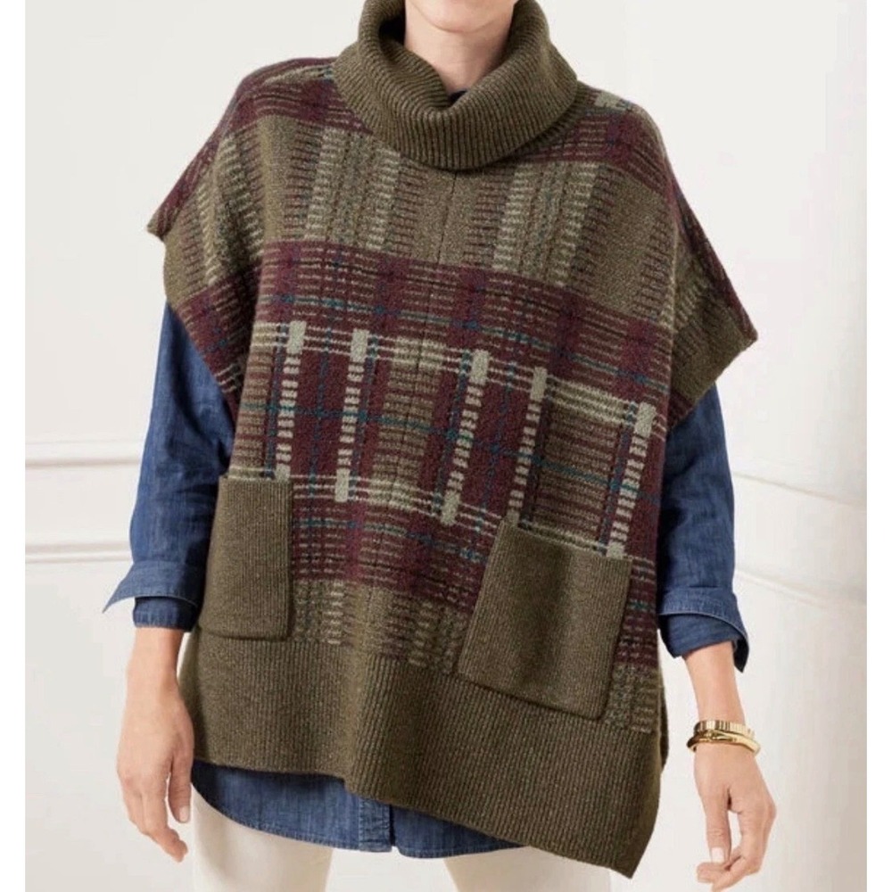 Talbots Plaid Turtleneck Poncho Sweater Green Purple Oversized XS/S Fall Layers